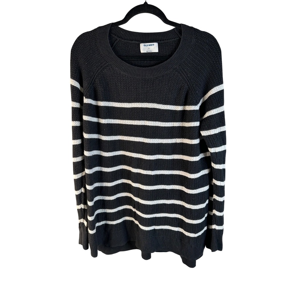 Old Navy Women's Black White Striped Raglan Sleeve Textured Knit Sweater XL